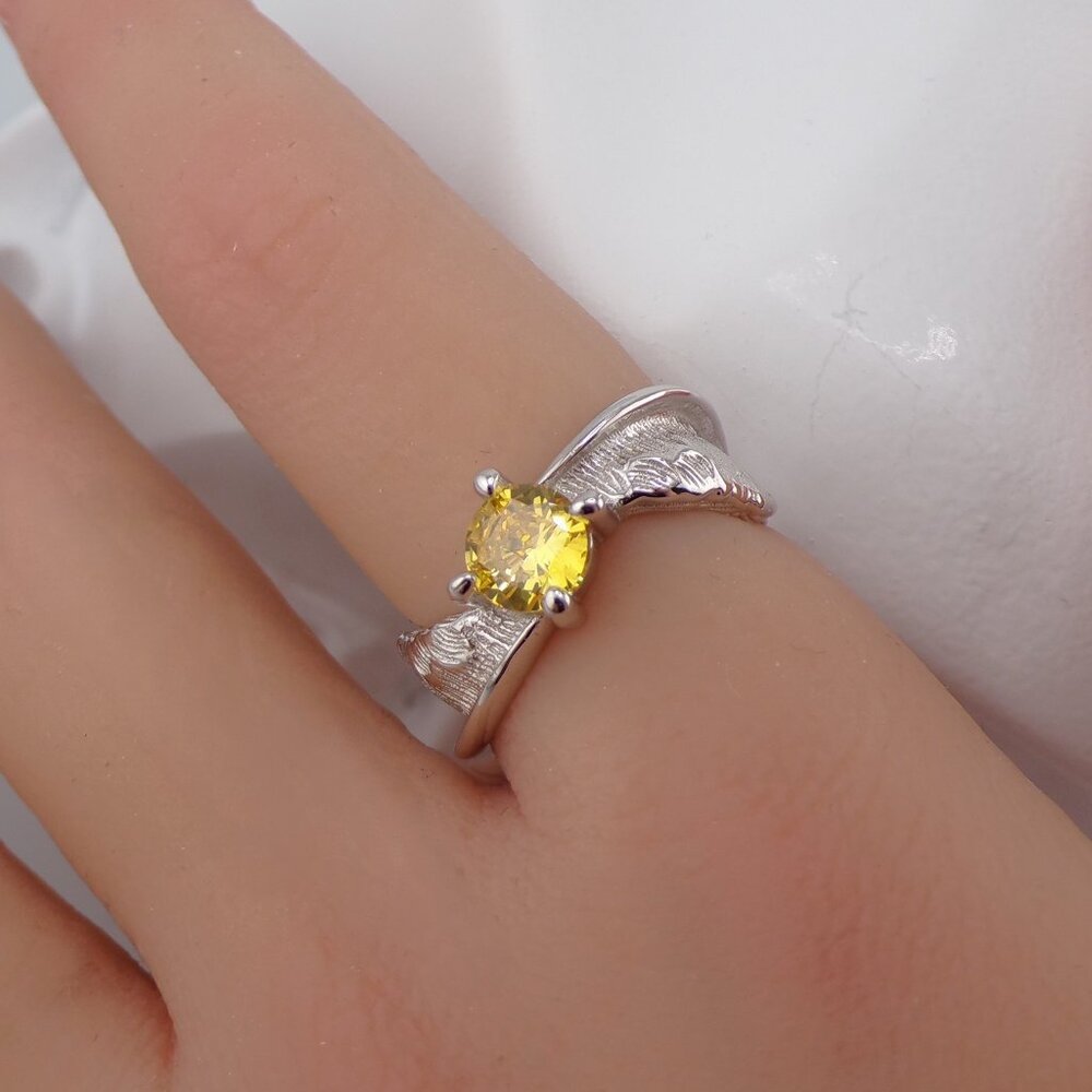 Sun Road 925 Silver Yellow Zircon, Irregular Rugged Textured Adjustable Unique